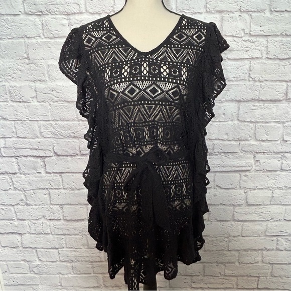 Boho Soul Black Lace Ruffle Waist Tie Coverup, NWT - Picture 4 of 15